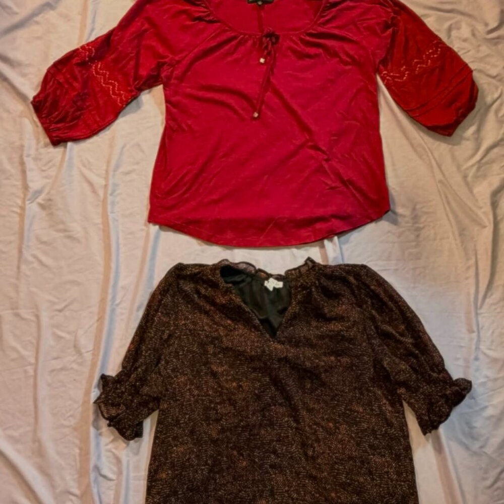 TWO Mixed Brands 3/4 Puffy Sleeve Blouse Tops SIZE SMALL (1 Magenta & 1 Brn/Blk)